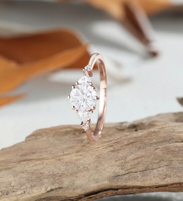Round cut moissanite engagement ring, trillion cubic zirconia ring, vintage rose gold ring, promise wedding ring, personalized bridal ring - image4